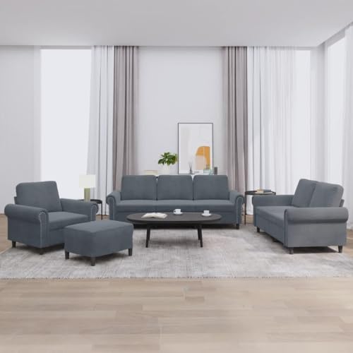 vidaXL Sofagarnitur 4-TLG., Sessel Couch mit Kissen Fußhocker, Sofa Wohnzimmersofa mit Armlehnen, Couchgarnitur Designsofa Sitzmöbel Polstermöbel, Dunkelgrau Samt – Bild 3