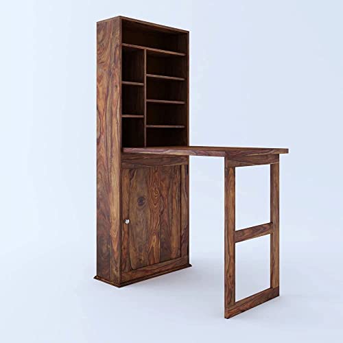 Image of Royal Wood Sheesham Solid Wood Wall Mounted Foldable Study Table with Storage Racks for Adults & Students for Home & Office - Natural Finish
