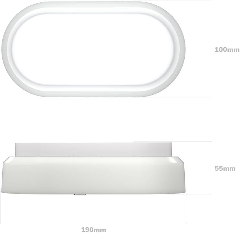 Diagram showing the dimensions of the oval LED light fixture: 190mm length, 100mm width, and 55mm height.