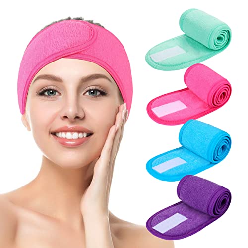 Facial Spa Headbands 4Pcs, Makeup Shower Bath Wrap Sport Headband Terry Cloth Stretch Towel With Magic Tape (Blue, Mint Green, Purple, Rose) #TOP19