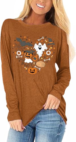 Scgirl Womens Fall Shirts Halloween Long Sleeve Leopard Pumpkin T-Shirts Casual Thanksgiving Graphic Tee Tops (XL,25C Brown)