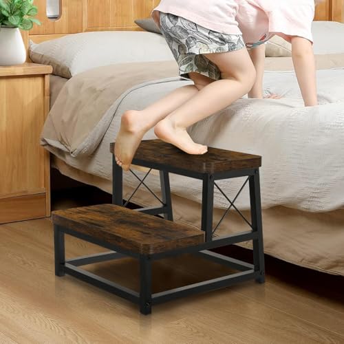 Image of 82984 Heavy Duty Wooden Step Stool for Adults, 2 Tier Heavy Duty Step Stool for High Bed with Non-Slip Feet, Using for Bedroom, Living Room, Bathroom and Kitchen