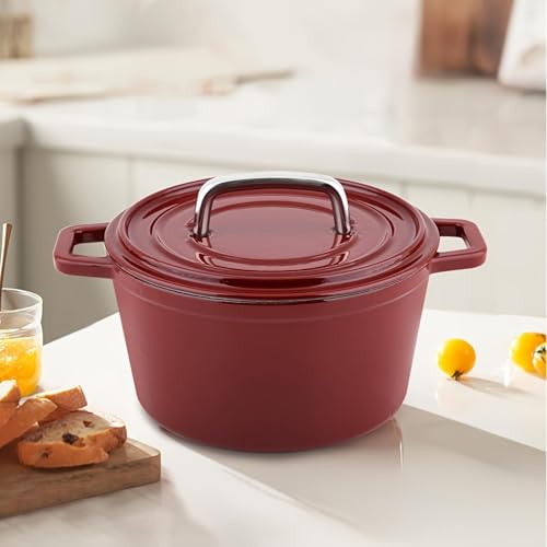 Cacerola de hierro fundido, fuente esmaltada para asar con tapa, apta para horno, olla de 24 cm para hornear, estofar y asar, color rojo