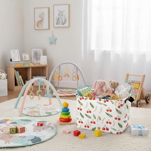Image of Kid Cute Rectangle Storage Basket Baby Toy Clothes Storage Bin Nursery Playroom Bedroom Decor Basket (Painted Cherry)