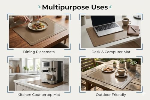 Image of Dribble Premium PU Leather Placemats Set of 4, Double Layer Waterproof Heat Resistant, Non-Slip Easy Clean Dining Table Mats for Kitchen, Dining & Office Desk, Reversible & Smooth Finish (Beige)