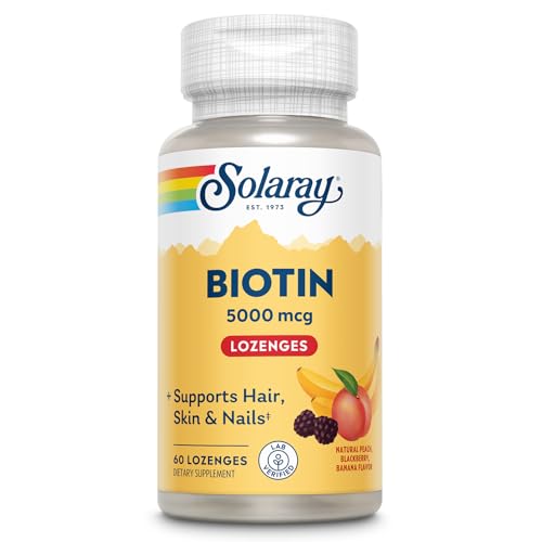 SOLARAY Biotin Supplement 5000 mcg - Pure Biotin 5000mcg for Hair, Skin, and Nails, Hair Vitamin for Women & Men, Vitamin B 7, Natural Peach, Strawberry, & Banana Flavor, Slow Dissolve - 60 Lozenges