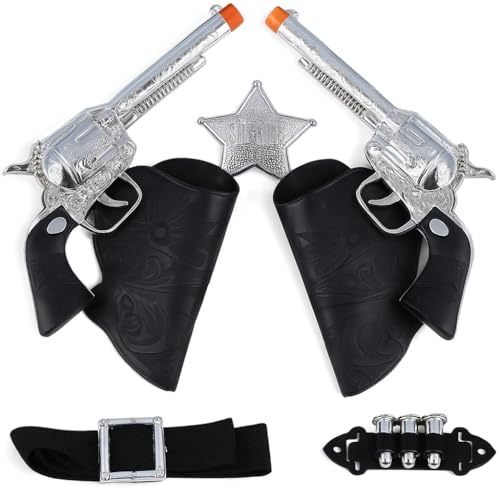 Western Wild West Cowboy Sheriff 7-Piece Accessory Set with 2x Toy Gun with Holster + Belt + Bullets + Badge, Cowboy Cowgirl Pretend Role Play Theme Party Fancy Dress Playset