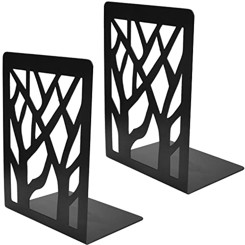 2Piezas Sujeta Libros, Sombra del árbol Apoya Libros, Sujetalibros Originales, Sujetalibros Metálicos para Casa Oficina Biblioteca Escuela Estantería- Negro Cover