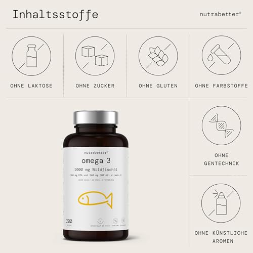 Omega 3 Kapseln 2000 mg | 200 Softgels | 600 mg reines Omega-3 + Vitamin E | Geprüfte Qualität | Hochdosierte Omega 3 Fettsäuren für Herz, Gehirn & Blutdruck | nutrabetter®