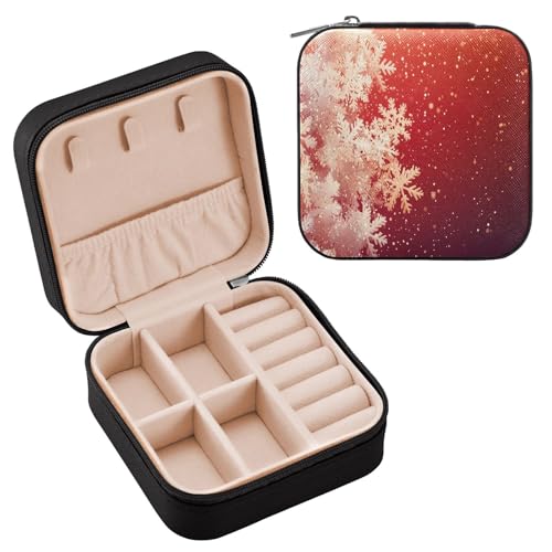 Wassud Estojo de joias de viagem com flocos de neve brancos para mulheres, meninas, senhoras, noiva, mini organizador de joias de couro PU, caixa quadrada de armazenamento de joias para brincos, anéis