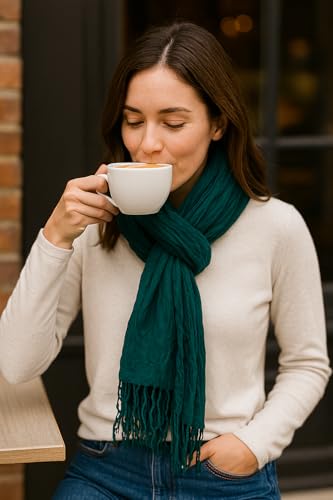 Lightweight Crinkled Viscose Scarf for Women – Soft Spring Wrap with Fringe Tassels, Breathable Fashion Accessory, 100x180cm – Teal Green3