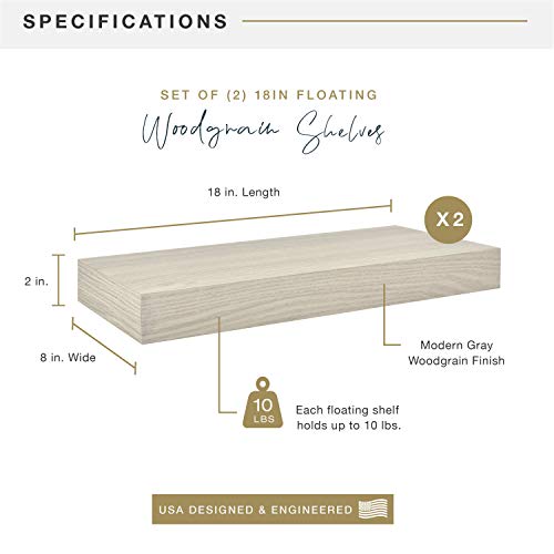 Image of MCS Gray Woodgrain Floating Shelves, 18 Inch x 8 Inch, Set of 2, 18 x 8