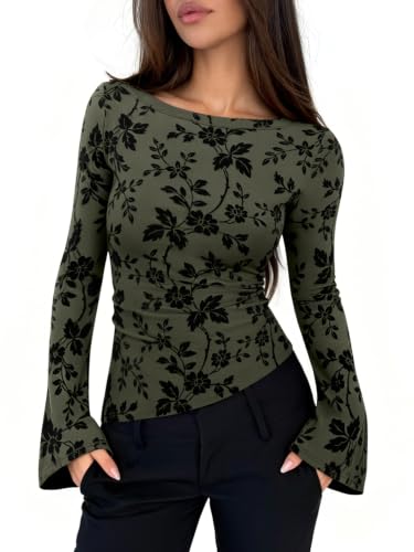 PINKMSTYLE Women Floral Mesh Tops Double Lined Bell Sleeve Tee Army Green M - image 1