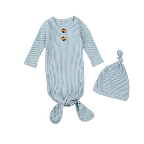 Emmababy Newborn Baby Girl Boy Knit Sleeper Gown Cotton Knotted Nightgown Soft Sleepwear Pajamas with Hat Set (Button Khaki, 0-3 Months)