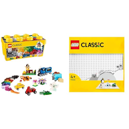 LEGO Classic Caja de Ladrillos Creativos Mediana, Juegos de Construcción & Classic Base Blanca de 32x32 Tacos, Placa Tablero de Construcción y Expansión,