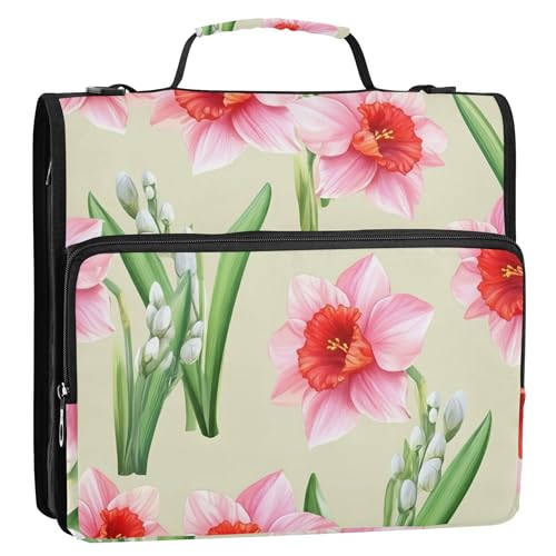 かわいいジッパーバインダーオーガナイザー 3リングバインダー 1.5インチ Dリング 水彩 レッド ピンク 水仙 花 収納 ポートフォリオ ケース ハンドル付き ミドルスクール バインダーバッグ ストラップ付き