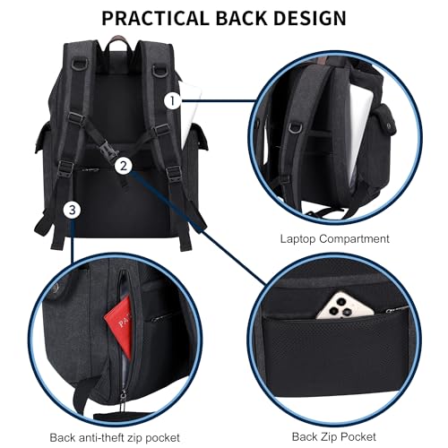 Image of WITZMAN Canvas Backpack for Men Vintage Rucksack Fits 15.6 inch Laptop | Drawstring Backpack, Travel High Capacity Casual Daypack with USB Charging Port, For Vacation, Overnight Trip, A8004 Black