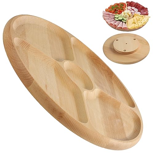 KADAX Piatto in Legno per Servire, Girevole, 33,5 cm (13,2), 4 Scomparti, per Patatine Fritte, Salse, Antipasti e Carne