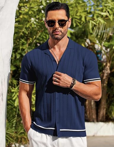 COOFANDY Men's Short Sleeve Knit Shirt Casual Button Down Shirt Vintage Striped Knitted Golf Beach Tops3