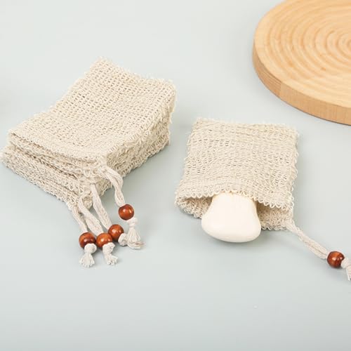 5 Stück Seifensäckchen Bio, Natürliches Sisal Seifenbeutel, Seifensäckchen für Feste Seife, Sicherer und Langlebiger Sisalfaser Seifensäckchen, Kordelzug Massage Seifensack, für Feste Seife Mesh