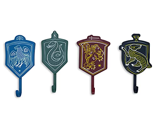 Image of Harry Potter Hogwarts Houses Wall Hooks Storage Rack Organizer, Set of 4 | Freestanding Hat and Coat Rack Wall Mount, Home Decor Room Essentials | Official Wizarding World Gifts and Collectibles
