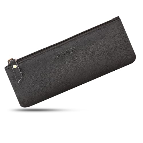Image of CONTACTS Genuine Leather Small Pouch Multipurpose Utility Bag Zipper Pencil Pouches Holder Aesthetic for Adults Men Women Boys Coin Purse Money I Pen I Key I Tool Jewelry Bag - Black