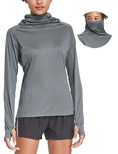 BALEAF Women's Hiking Long Sleeve Shirts with Face Cover Neck Gaiter UPF 50+ Lightweight Quick Dry SPF Fishing Running Hoddie Dark Gray Size XL