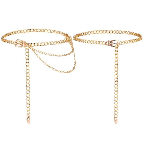 2PCS Waist Chain Belt, Gold Chain Belt Fashion Multilayer Metal Chains Belts Golden Metal Waist Chains Chunky Gold Belts for Women Girls Jeans Dress Sweater Coat