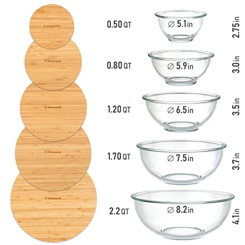 Glass Mixing Bowls - Nesting Bowls - Cute Collapsible Glass Bowls With Lids Food Storage - 5 Stackable Microwave Safe Glass Containers - Salad Bamboo Mixing Bowls - Baking Glass Bowls Set For Kitchen #TOP1