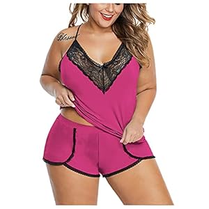 Ensemble de Pyjama Short Femme 2 pièce Sexy Chic sans Manches Ensemble Nuit Femme en Dentelle Camisole Vêtements de Nuit en Modal Nightwear Col en V Été Frais et élégant avec Débardeur et Short