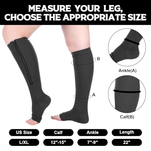 Image of Nuanchu 3 Pairs Open Toe Zipper Compression Socks 20-30mmhg Zipper Compression Toeless Knee High Socks for Men Swelling Edema
