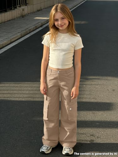 Image of SANGTREE Girls Wide Leg Cargo Pants Multi Pocket,6-14 Years | Cotton High Waist Baggy Trousers with Pockets Teen Y2K Streetwear School Pants| Back-to-school,Outdoor Play