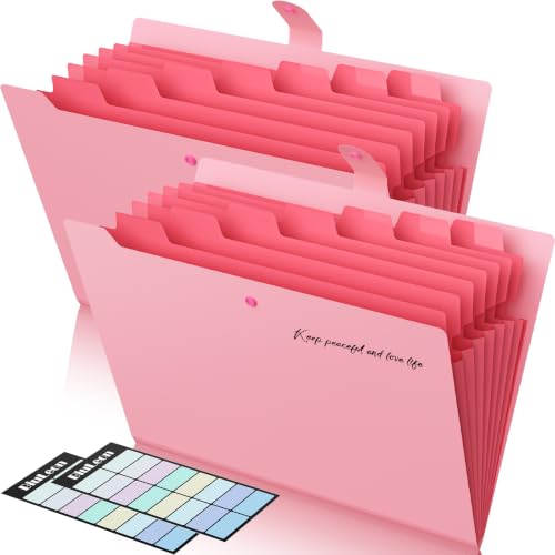 2 Pack Accordion File Organizer, 8 Pockets Expanding File Folder with Labels, Portable Document Paper Receipt Organizer for School Office Hospital, Letter/A4 Size Pink