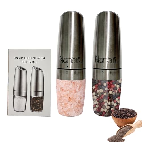 Nanafu Gravity induction electric pepper grinder set for household sea salt pepper grinder with adjustable thickness, battery powered, LED light, stainless steel silver, 2-pack