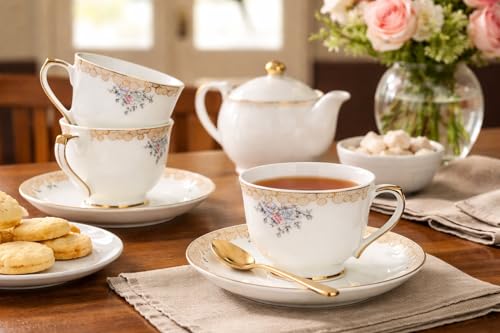 Image of Fine Bone China White Gold Rim Cups and Saucer with Golden Line, 180 ml Tea Cup Set of 6 Cup and Saucer Set for Tea Milk & Coffee Chai, Tea Cup Set