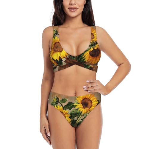 Maillot de bain deux pièces push-up motif tournesol avec coussinets et triangle réglable pour femme