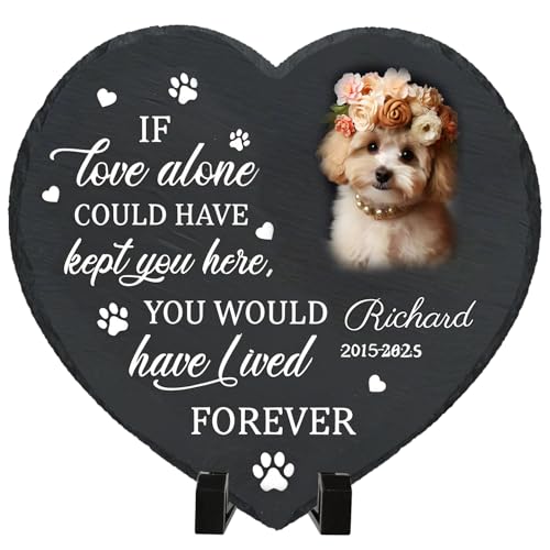 Umitive Lápida Personalizada para Perros - Corazón de Piedra Natural con Nombre y Foto Grabados - Memorial para Mascotas Fallecidas - Regalo de Condolencias por Pérdida de Mascota (Style E)