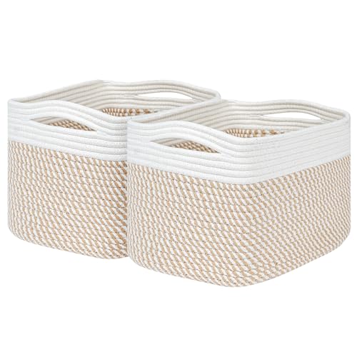 Image of Kriitools Cubes Shelf Closet Storage Baskets Bins,Rectangular Woven Rope Baskets for Organizing,Cotton Rope Towel Baskets for Living room,Off White&Mixed Camel set 2