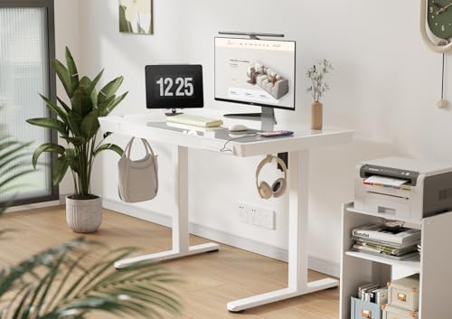 Image of Claiks Small Glass Standing Desk with Drawers & USB Ports 35x19 White