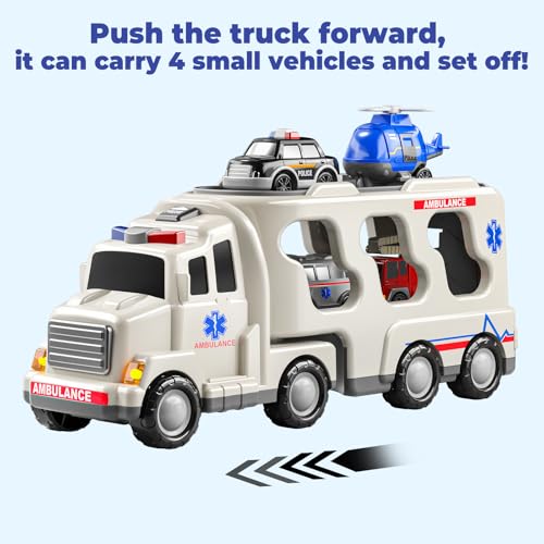5 in 1 Krankenwagen Kleinkind Lkw Spielzeug für 3 4 5 6 Jahre alte Jungen, Reibung angetriebene Autos mit Hubschrauber, Polizeiauto, Feuerwehr, Krankenwagen, Geburtstagsgeschenke für Mädchen Alter 3-9