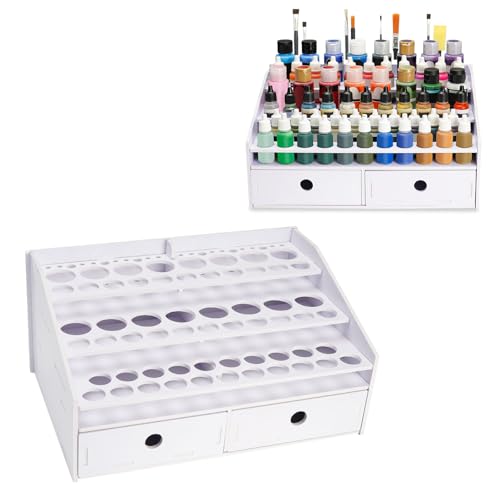 Image of Krafetto Miniatures Paint & Paintbrush Storage Organizer Rack, Craft Paints Holder with Drawer, 43 Holes for Model Paint, 16 Holes for 2 oz Paints, 22 Holes for Brush