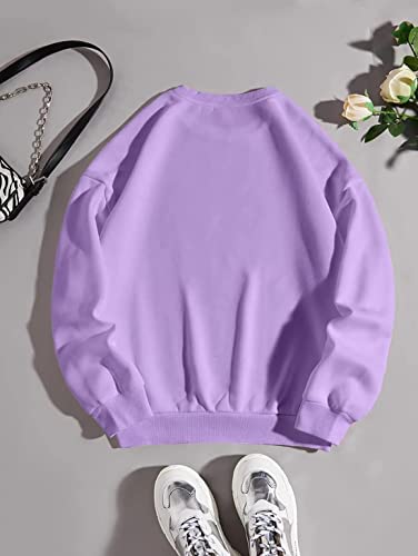 Missactiver Women's Funny Graphic Oversized Sweatshirts Solid Casual Crewneck Long Sleeve Drop Shoulder Fleece Pullover Top Purple #TOP2