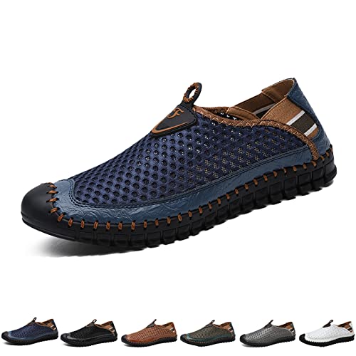 WENOREG Men's Mesh Breathable Walking Slip-On Loafers,Fashion Outdoor Lightweight Handmade Stitching Honeycomb Soft Bottom Walking Driving Water Shoes Casual Sandals