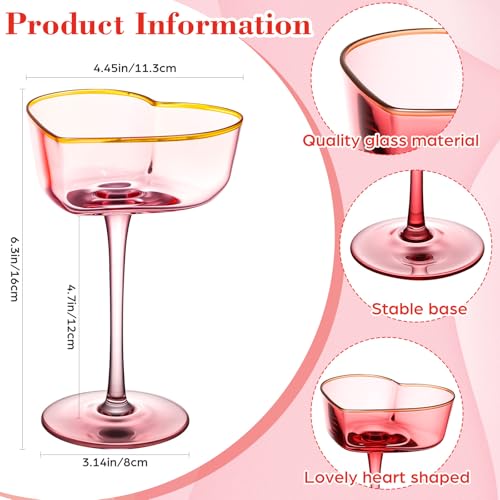 CHMKMPZG 2 Pcs Heart Shaped Coupe Glasses - Martini Glasses with Golden Rim - 8 oz Coupe Glasses Cocktail Glassware Set for Wedding, Mothers Day, Birthdays, Anniversary (Red and Pink) by CHMKMPZG - Image 2