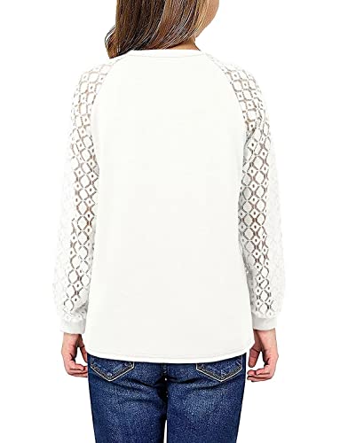 Girls Long Sleeve Shirts Trendy Clothes For Teen Girls Lace Loose Casual Kids Crew Neck Tops White Shirts For Girls Size 7-8 Years Girls White Blouse #TOP2