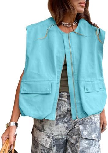 PAODIKUAI Women's Casual Zip Up Vest Cargo Ruched Hem Lightweight Sleeveless Blazer Oversized Jackets Top with Pockets