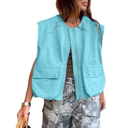PAODIKUAI Women's Casual Zip Up Vest Cargo Ruched Hem Lightweight Sleeveless Blazer Oversized Jackets Top with Pockets Large Lake Blue