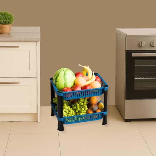 Image of Plastic Kitchen Rack, Multipurpose Vegetable & Fruit Storage Basket Organizer for Home, Pantry & Kitchen - Strong & Easy to Assemble (2 Layer, Blue)