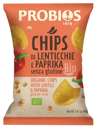 Probios Chips di lenticchie e paprika biologiche - Consistenza croccante e senza glutine - Preparate con olio di semi di girasole - Perfette per pause e momenti conviviali - Confezione da 12 x 40 g
