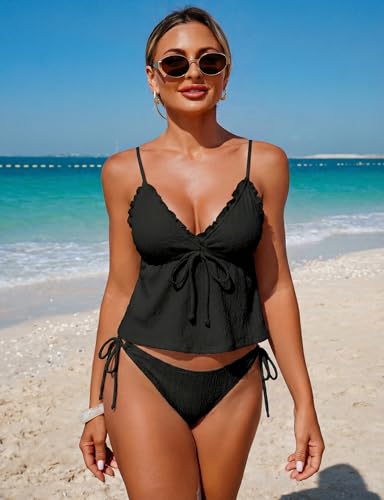 Image of ZAFUL Women's V Neck Textured Knot Tie Ruffle Trim Tankini Swimsuits